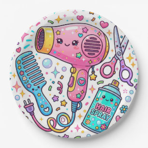 Süße Friseurwerkzeuge im Kawaii-Kunststil Pappteller