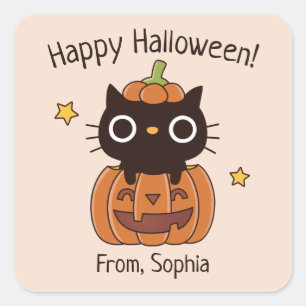 Süße Frohe Halloween-Schwarze Katze in Kürbis-Aufk Quadratischer Aufkleber