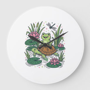Süße Frosch reitet Schildkröte Teich Vintage Vekto Große Wanduhr