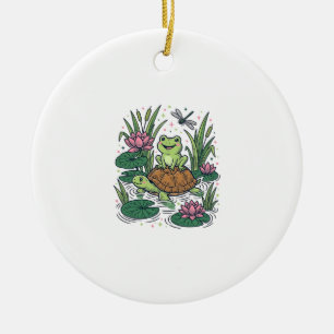 Süße Frosch reitet Schildkröte Teich Vintage Vekto Keramik Ornament