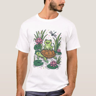 Süße Frosch reitet Schildkröte Teich Vintage Vekto T-Shirt