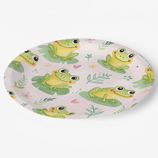 Süße Frösche Muster Pappteller (Schrägansicht)