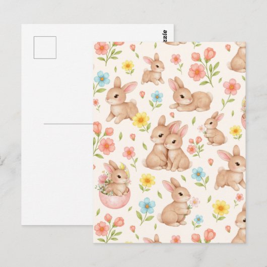 Süße Frühlingshasen & Blumengarten-Muster Postkarte (Vorne/Hinten)