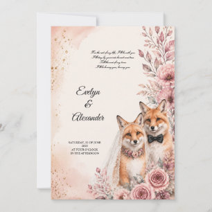 Süße Fuchs-Braut und Bräutigam Roségold Blumen Einladung