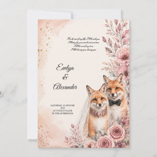 Süße Fuchs-Braut und Bräutigam Roségold Blumen Einladung