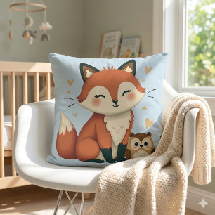 Süße Fuchs- und Eulen-Whimsy-Wald-Illustration Kissen