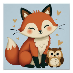 Süße Fuchs- und Eulen-Whimsy-Wald-Illustration Poster