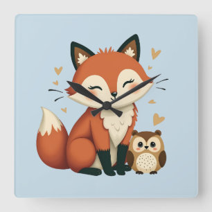 Süße Fuchs- und Eulen-Whimsy-Wald-Illustration Quadratische Wanduhr
