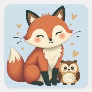 Süße Fuchs- und Eulen-Whimsy-Wald-Illustration Quadratischer Aufkleber