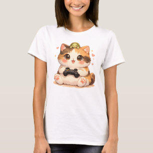 Süße Gamer-Katze mit Schildkröte Kawaii Gaming-Kit T-Shirt