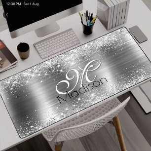 Süße gebürstete Metall-Silber-Faux-Glitter-Monogra Schreibtischunterlage