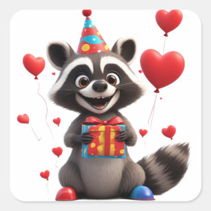 🦝 Süße Geburtstagsfeier mit Waschbär Quadratischer Aufkleber