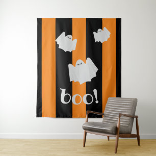 Süße Geister Halloween Orange Schwarzer Streifen H Wandteppich