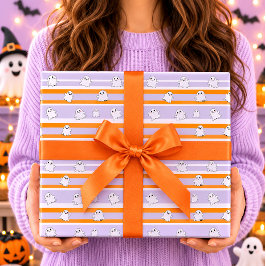 Süße Geister Orange Weiße Gestreifte Halloween Geschenkpapier