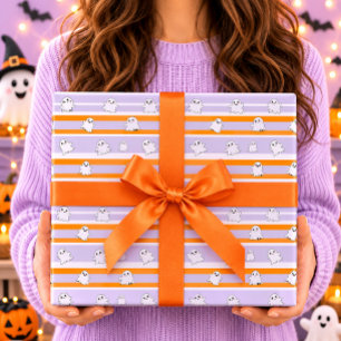 Süße Geister Orange Weiße Gestreifte Halloween Geschenkpapier