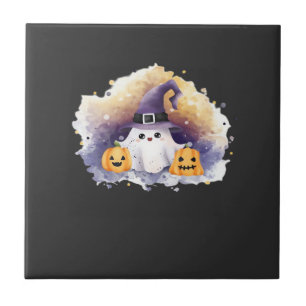 Süße Geistkatze mit Kürbissen � Kawaii Halloween-A Fliese