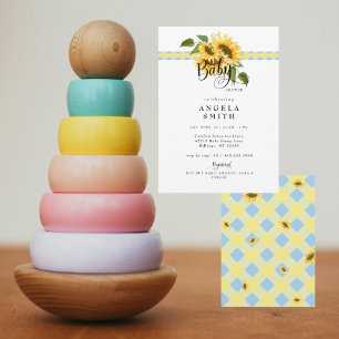 Süße gelbe blaue Gingham-Sonnenblumen-Baby-Party Einladung