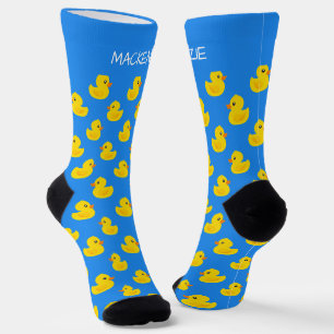 Süße gelbe Ente auf blauem Muster personalisiert Socken