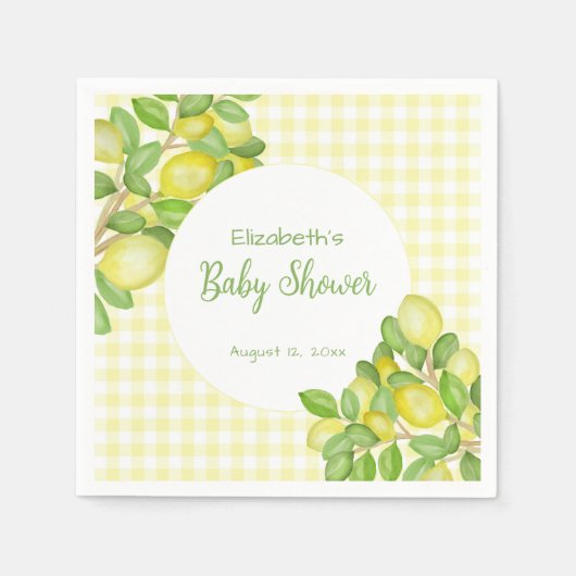 Süße gelbe Gingham-Babyshower-Serviette mit Zitron Serviette (Vorderseite)