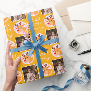 Süße gelbe Rentiere Familienfoto Weihnachten Geschenkpapier
