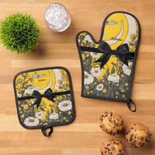 Süße gelbe schwarze Schleife Ostern Ofenhandschuh & Topflappen-Set