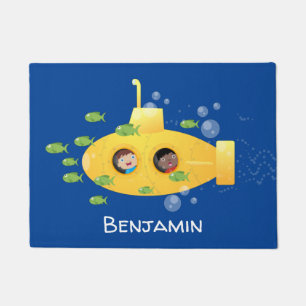 Süße gelbe U-Boot-Fisch-Cartoon-Illustration Fußmatte