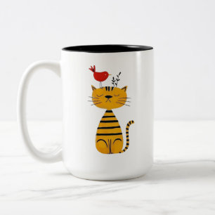 Süße gestreifte Katze und roter Vogel Kunst Zweifarbige Tasse