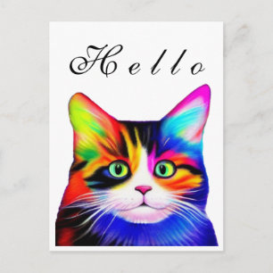 Süße gestreifte mehrfarbige Regenbogen-Hallo-Katze Postkarte