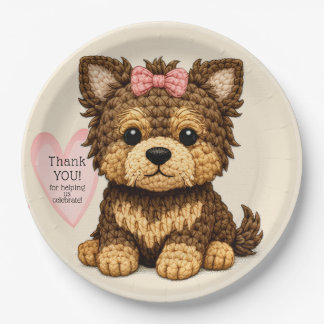 Süße gestrickte Hündin mit Schleifen-Party-Illustr Pappteller