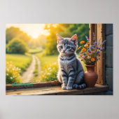 Süße getigerte Katze am Fenster mit Wildblumen Poster (Vorne)