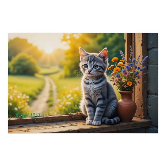 Süße getigerte Katze am Fenster mit Wildblumen Poster (Vorderseite)