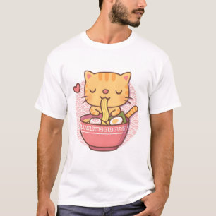 Süße getigerte Katze isst Ramen-Nudeln Wellen Hint T-Shirt