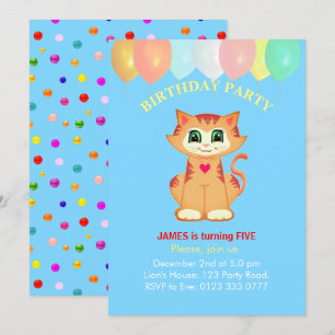 Süße getigerte Katze, Luftballons und Konfetti Geb Einladung
