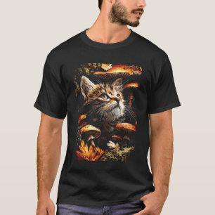Süße getigerte Katze mit Herbstlaub Pilzen Herbst  T-Shirt