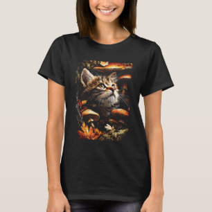 Süße getigerte Katze mit Herbstlaub Pilzen Herbst T-Shirt