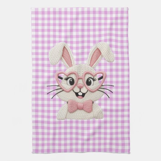 Süße Gingham-Häschen mit rosa Herzbrille  Geschirrtuch (Vertikal)