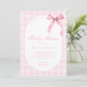 Süße Gingham-Wasserfarbe Rosa Schleife Mädchen Bab Einladung (Stehend Vorderseite)