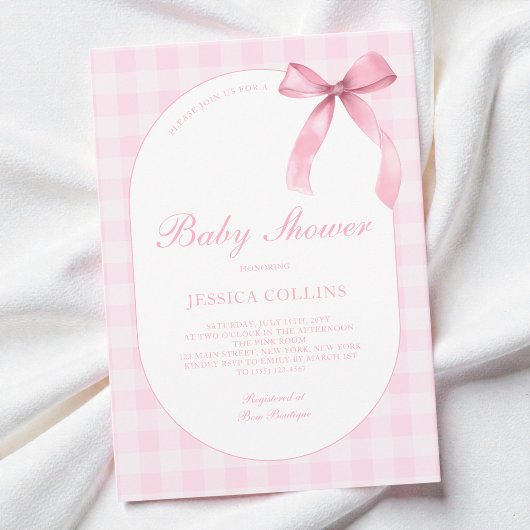 Süße Gingham-Wasserfarbe Rosa Schleife Mädchen Bab Einladung