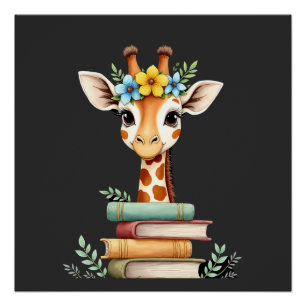 Süße Giraffe mit Buch Florale Bücherwurm-Bibliothe Poster