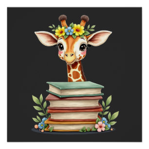 Süße Giraffe Mit Buch Florale Bücherwurm-Bibliothe Poster