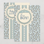 Süße Giraffen-Einklebebuch-Babyparty laden | Blau Einladung (Vorne/Hinten)