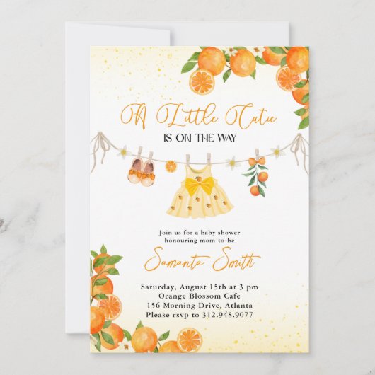 Süsse Girl Orange Clothesline Babydusche Einladung (Vorderseite)