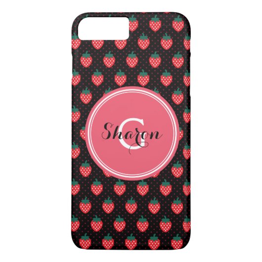 Süße, girly, schwarze, rosa Erdbeermuster-Monogram Case-Mate iPhone Hülle (Rückseite)