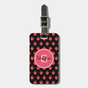 Süße, girly schwarze rosa Erdbeermuster Monogramm Gepäckanhänger