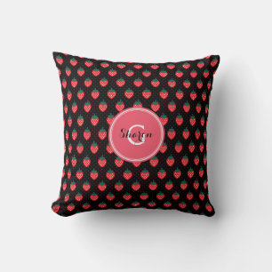 Süße, girly schwarze rosa Erdbeermuster Monogramm Kissen