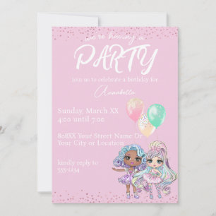 Süße Glitzer-Mädchen-Puppen mit Ballons auf Rosa Einladung