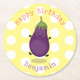 Süße glückliche Aubergine Cartoon-Illustration Runder Pappuntersetzer