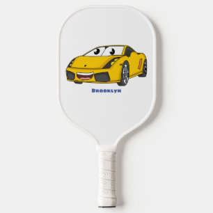 Süße glückliche gelbe Sportwagen-Cartoon Pickleball Schläger
