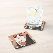 Süße glückliche Katze mit Frühlingsblumen  Getränkeuntersetzer (Rechte Seite)