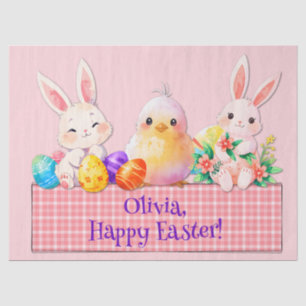 Süße glückliche Osterhasen Küken Eier Blumen rosa Seidenpapier